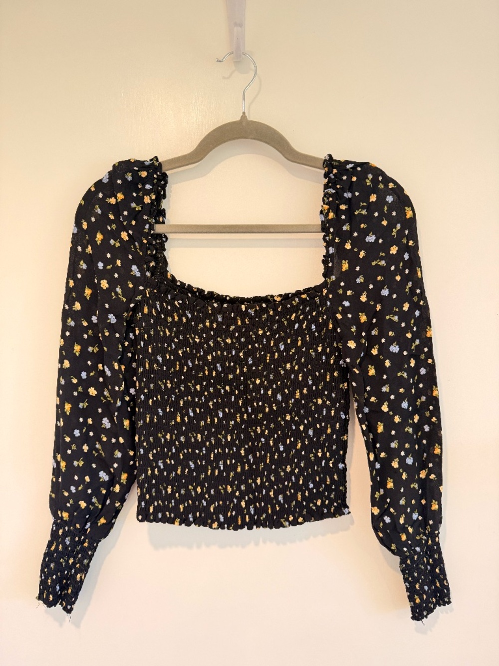 Reformation Smocked Ditsy Floral Long Sleeve Top Black L EUC